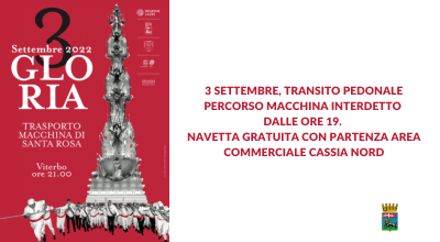 3 settembre, transito pedonale percorso macchina interdetto dalle ore 19. Navetta gratuita con partenza area commerciale Cassia nord