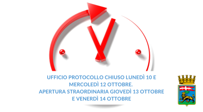 Ufficio Protocollo chiuso lunedì 10 e mercoledì 12 ottobre. Apertura straordinaria giovedì 13 ottobre e venerdì 14 ottobre