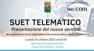 SUET telematico. Lunedì 24 ottobre alle 9.45 presentazione del nuovo servizio nella Sala Regia