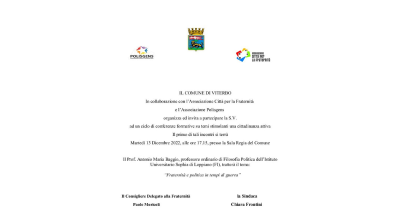 Fraternità e politica in tempi di guerra: oggi alle 17.15 nella sala Regia del Comune