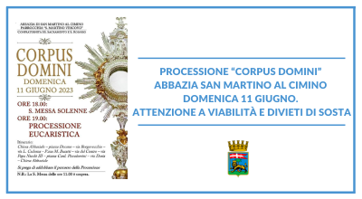 Processione “Corpus Domini” abbazia San Martino al Cimino domenica 11 giugno. Attenzione a viabilità e divieti di sosta