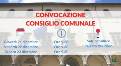 Consiglio comunale, in riunione il 21, il 22 e il 23 dicembre in sessione bilancio