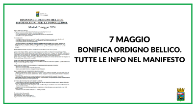 7 maggio, bonifica ordigno bellico. Tutte le info nel manifesto