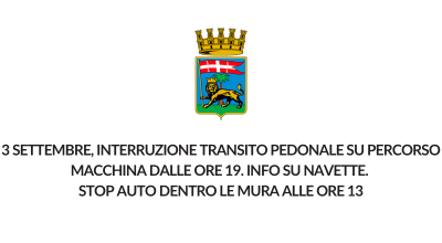 3 settembre, interruzione transito pedonale su percorso macchina dalle ore 19. Info su navette. Stop auto dentro le mura alle ore 13